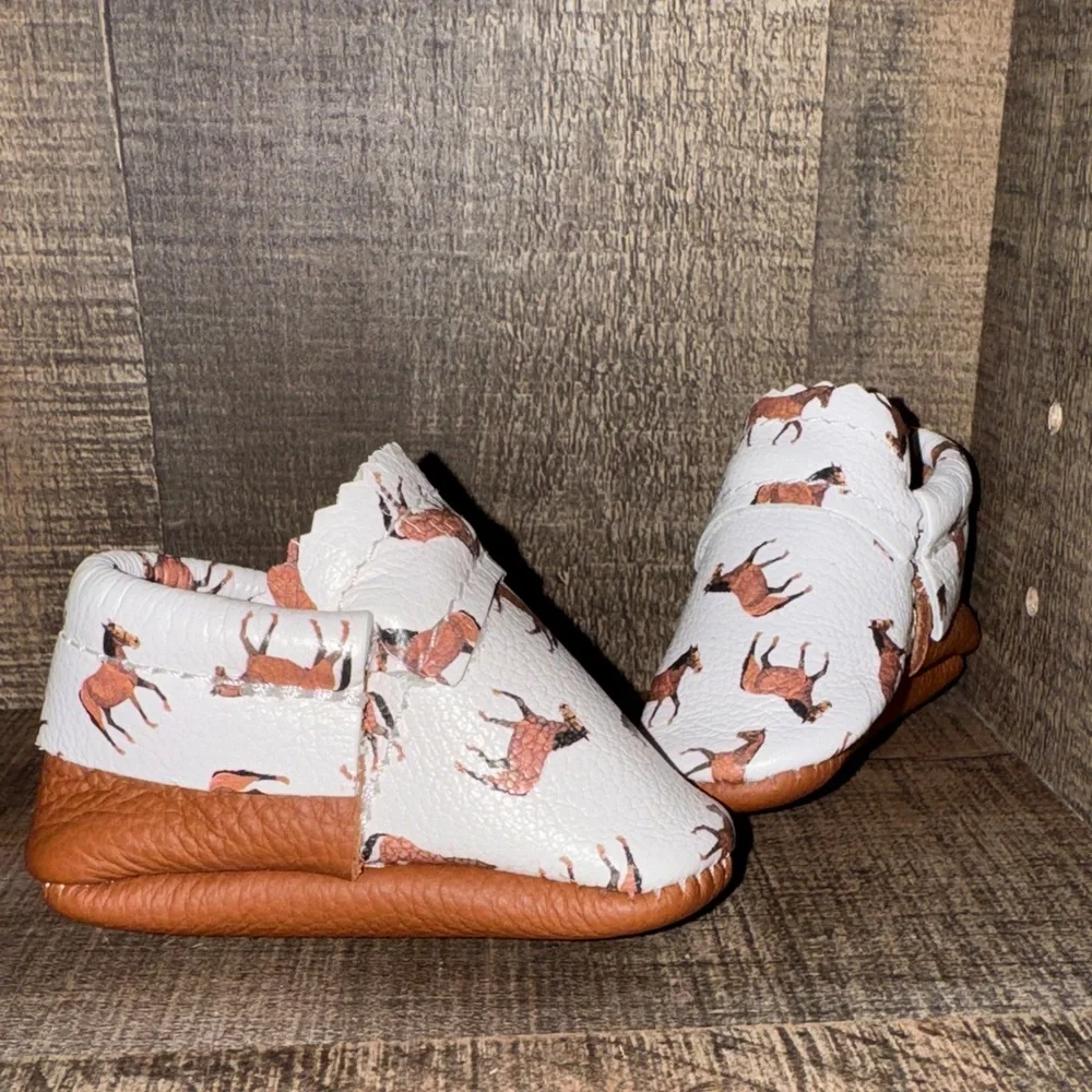 MISH MOCCS Kids Leather Moccasins with Horse Print- size NB